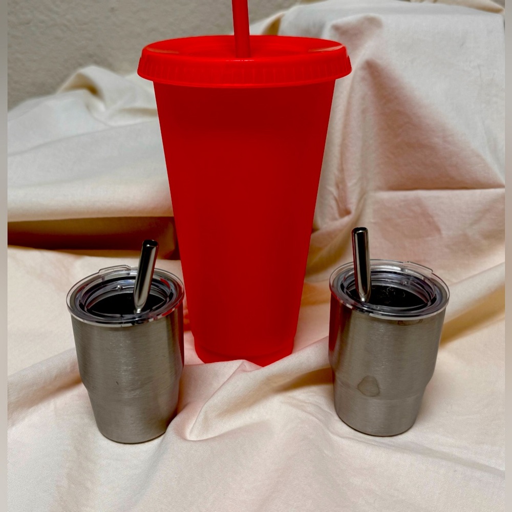 Red Cold Tumbler with straw and Stainless Steel Shot Glasses with Straws